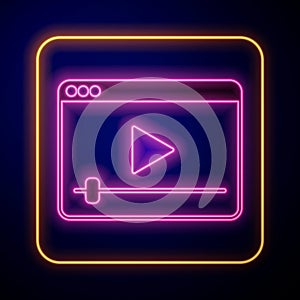 Glowing neon Online play video icon isolated on black background. Film strip with play sign. Vector