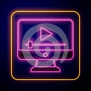 Glowing neon Online play video icon isolated on black background. Film strip with play sign. Vector