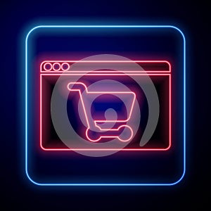 Glowing neon Online shopping on screen icon isolated on blue background. Concept e-commerce, e-business, online business