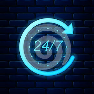 Glowing neon Open 24 hours a day and 7 days a week icon isolated on brick wall background. All day cyclic icon. Vector