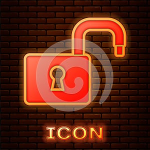 Glowing neon Open padlock icon isolated on brick wall background. Opened lock sign. Cyber security concept. Digital data