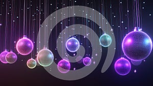 Glowing neon ornaments hanging, dark background