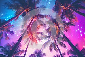 Glowing neon palm trees backdrop 80s retro nostalgic
