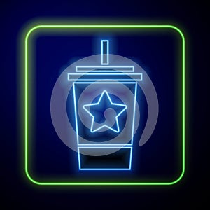 Glowing neon Paper glass with drinking straw and water icon isolated on blue background. Soda drink glass. Fresh cold