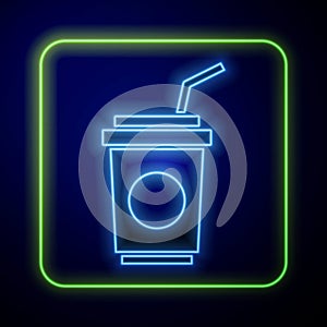 Glowing neon Paper glass with drinking straw and water icon isolated on blue background. Soda drink glass. Fresh cold