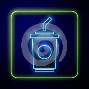 Glowing neon Paper glass with drinking straw and water icon isolated on blue background. Soda drink glass. Fresh cold