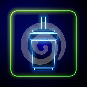 Glowing neon Paper glass with drinking straw and water icon isolated on blue background. Soda drink glass. Fresh cold