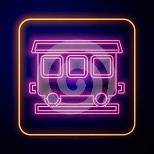 Glowing neon Passenger train cars icon isolated on black background. Railway carriage. Vector