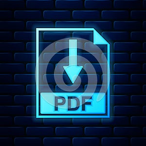 Glowing neon PDF file document icon isolated on brick wall background. Download PDF button sign