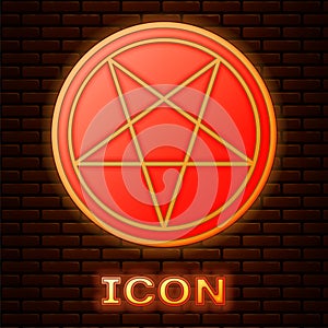 Glowing neon Pentagram in a circle icon isolated on brick wall background. Magic occult star symbol. Vector