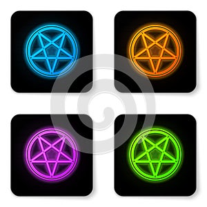 Glowing neon Pentagram in a circle icon isolated on white background. Magic occult star symbol. Black square button