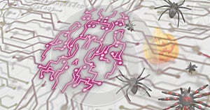 Glowing neon-pink brainlike circuit pattern hovering over hex grid, with spiders and pumpkin cube