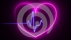 Glowing neon, pink and purple sign in shape of a heart and heart lines on black background. The concept of site