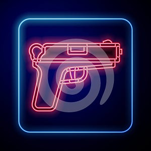 Glowing neon Pistol or gun icon isolated on black background. Police or military handgun. Small firearm. Vector