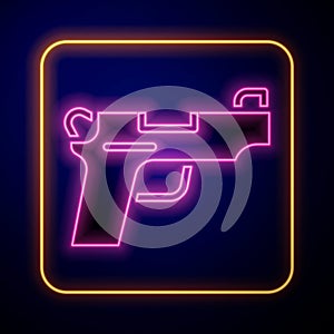 Glowing neon Pistol or gun icon isolated on black background. Police or military handgun. Small firearm. Vector