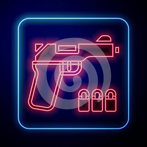 Glowing neon Pistol or gun icon isolated on blue background. Police or military handgun. Small firearm. Vector
