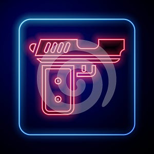 Glowing neon Pistol or gun icon isolated on blue background. Police or military handgun. Small firearm. Vector