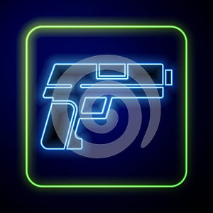 Glowing neon Pistol or gun icon isolated on blue background. Police or military handgun. Small firearm. Vector