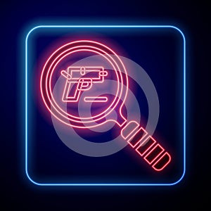 Glowing neon Pistol or gun search icon isolated on blue background. Police or military handgun. Small firearm. Vector