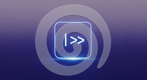 Futuristic neon play button icon on gradient purple background digital art