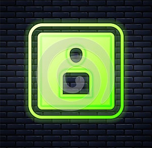 Glowing neon Play Video icon isolated on brick wall background. Film strip sign. Vector
