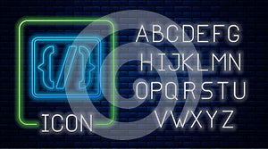 Glowing neon Programming language syntax icon isolated on brick wall background. Syntax programming file system. Neon
