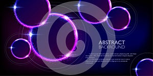 Glowing neon purple and blue circles abstract background. Round lines with electric light frames. Geometric fashion