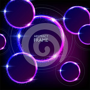 Glowing neon purple and blue circles abstract background. Round lines with electric light frames. Square geometric