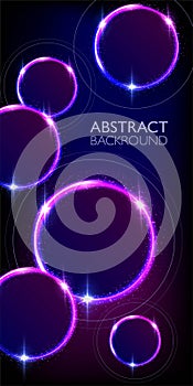 Glowing neon purple and blue circles abstract background. Round lines with electric light frames. Vertical geometric