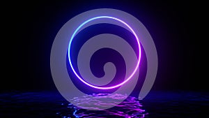 Glowing neon purple circle ring line with reflections on water, lights, waves abstract vintage background, ultraviolet, spectrum