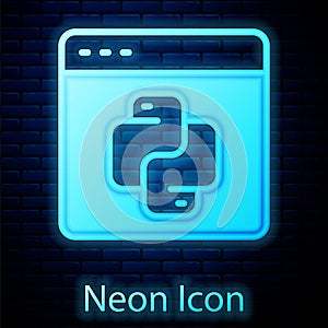 Glowing neon Python programming language icon isolated on brick wall background. Python coding language sign on browser