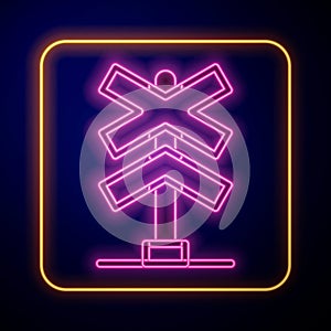 Glowing neon Railroad crossing icon isolated on black background. Railway sign. Vector