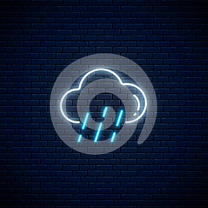 Glowing neon rainy weather icon. Rain symbol with cloud in neon style to weather forecast in mobile application