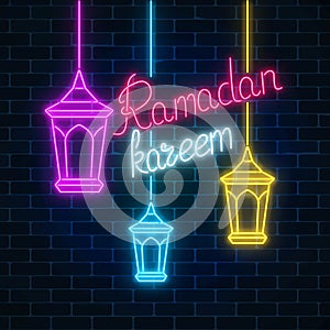 Glowing neon ramadan holy month sign on dark brick wall background. Ramadan greeting card with fanus lanterns.