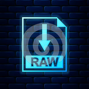 Glowing neon RAW file document icon. Download RAW button icon isolated on brick wall background. Vector
