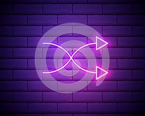 Glowing neon Refresh icon isolated on brick wall background. Reload symbol. Rotation arrows in a circle sign. Vector