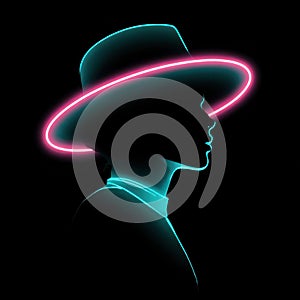 Glowing neon 80s silhouette of person in hat on dark background