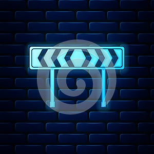 Glowing neon Safety barricade symbol icon isolated on brick wall background. Traffic sign road. Road block sign. Vector