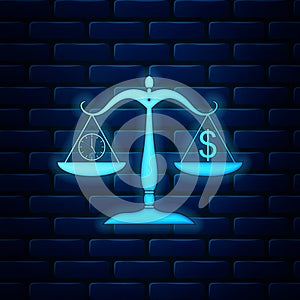 Glowing neon Scale weighing money and time icon isolated on brick wall background. Scales with hours and a coin. Balance