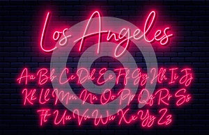 Glowing neon script alphabet. Neon font with uppercase and lowercase letters. Handwritten english alphabet photo