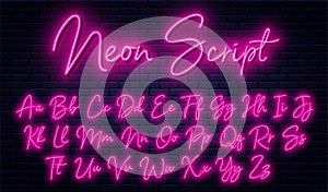 Glowing neon script alphabet. Neon font with uppercase and lowercase letters. Handwritten english alphabet photo