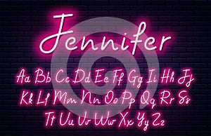 Glowing neon script alphabet. Neon font with uppercase and lowercase letters. Handwritten english alphabet