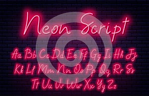 Glowing neon script alphabet. Neon font with uppercase and lowercase letters. Handwritten font script. English alphabet with neon