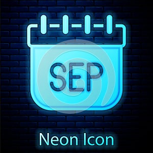 Glowing neon September calendar autumn icon isolated on brick wall background. Vector