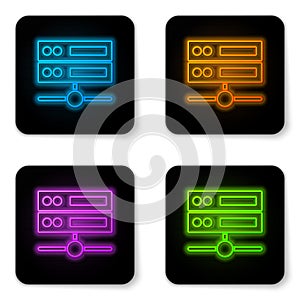 Glowing neon Server, Data, Web Hosting icon isolated on white background. Black square button. Vector