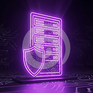 Glowing neon server rack and shield icon representing data security and cybersecurity protection