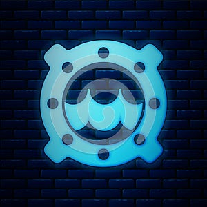 Glowing neon Ship porthole with rivets and seascape outside icon isolated on brick wall background. Vector