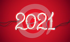 Glowing neon sign 2021 with wires, tubes and brackets. Vector element for New Year card, logo, calendar or other design.