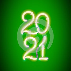 Glowing neon sign 2021 with wires, tubes and brackets. Vector element for New Year card, logo, calendar or other design.