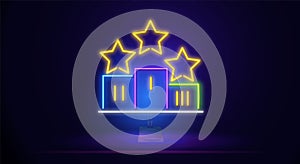 A glowing neon sign with an award cup and stars for the first, second and third places on the stand. Neon symbol of